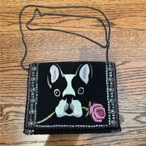 Mary Frances Black Beaded Crossbody Purse with Dog and Floral Accent